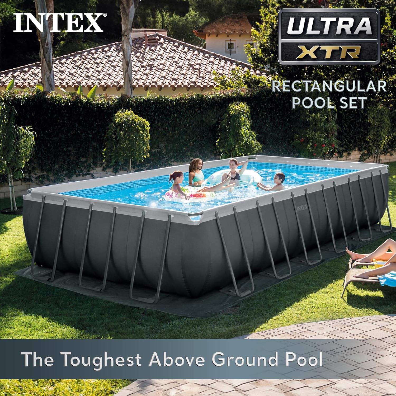 Rectangular Frame Above Ground Outdoor Swimming Pool Set with 1200 GPH Sand Filter Pump, Pool Cover and Ladder