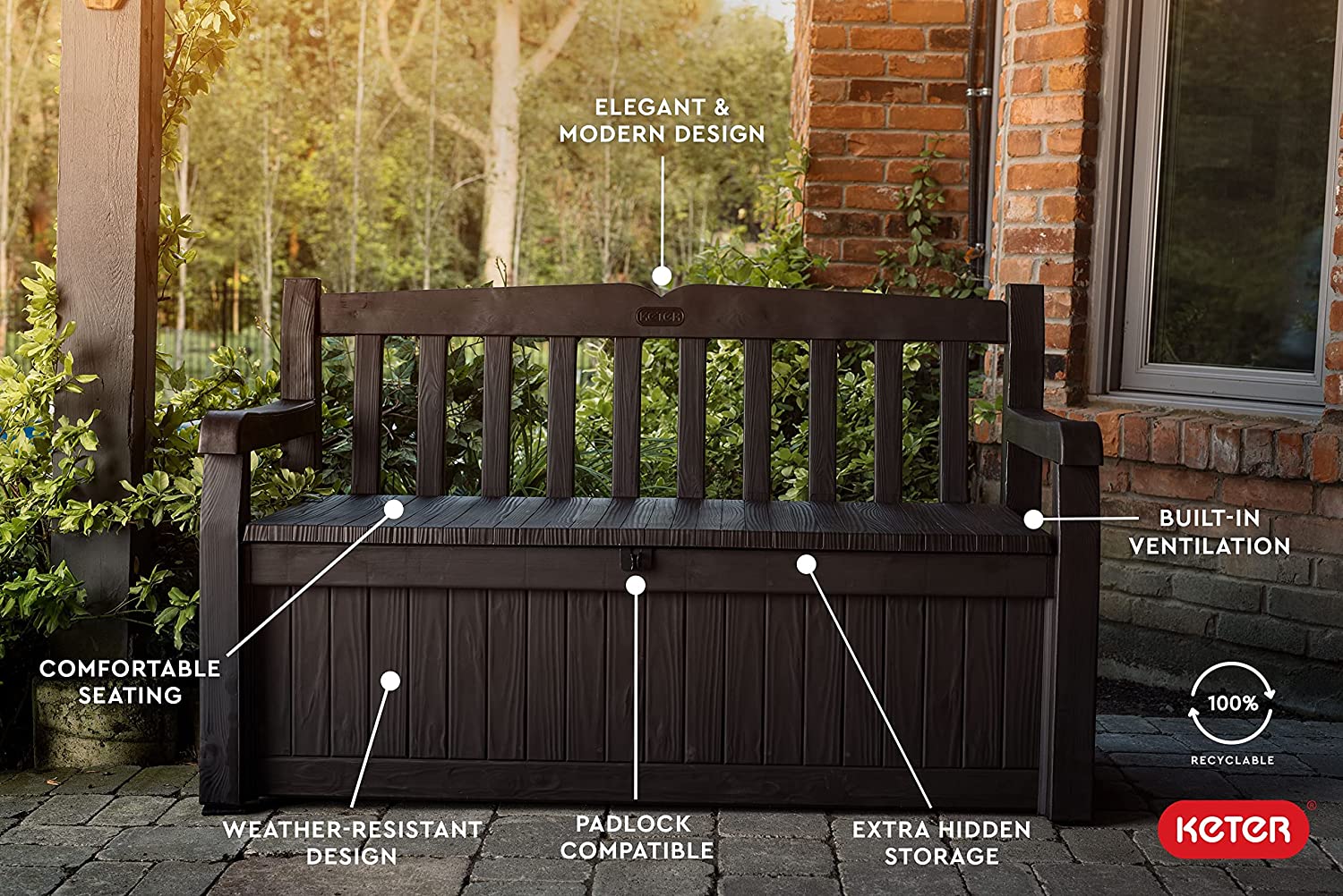 Keter Solana 70 Gallon Storage Bench Deck Box for Patio Furniture, Front Porch Decor and Outdoor Seating – Perfect to Store Garden Tools and Pool Toys, Brown
